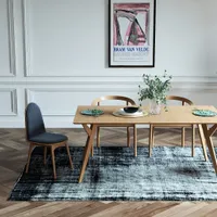 Interior design drawing of dining room with wooden table and chairs on dark patterned rug