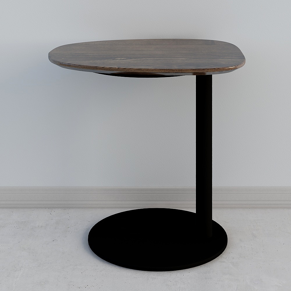Modern round side table with dark wood top and black metal base on white background