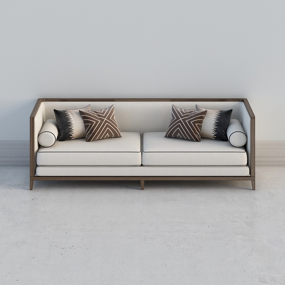 Modern light wood sofa with white cushions and patterned pillows on grey background