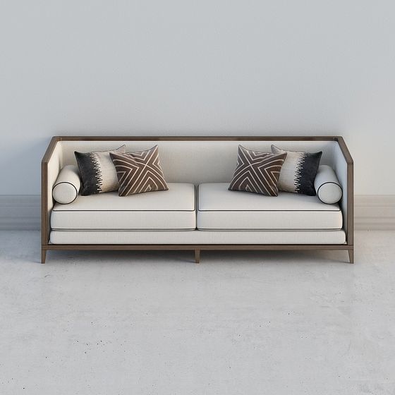 Modern light wood sofa with white cushions and patterned pillows on grey background