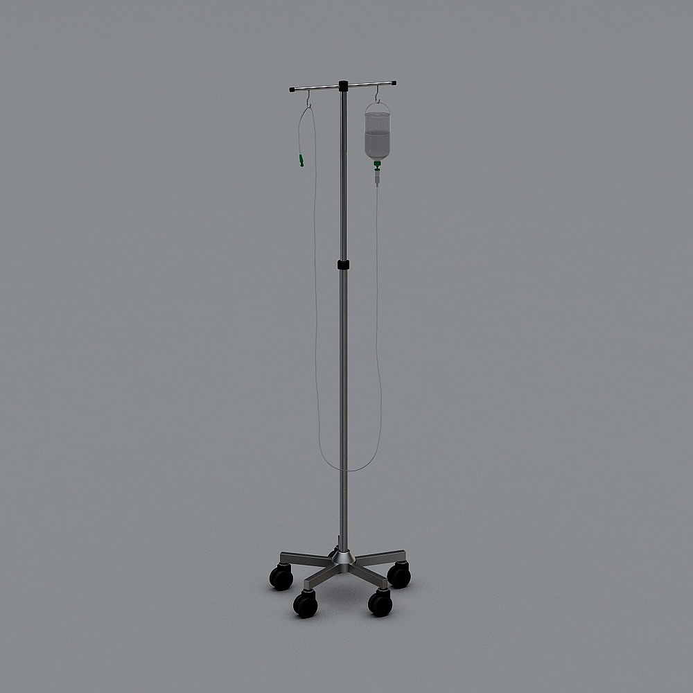 Silver metal IV drip stand with plastic bag and black wheels on grey background