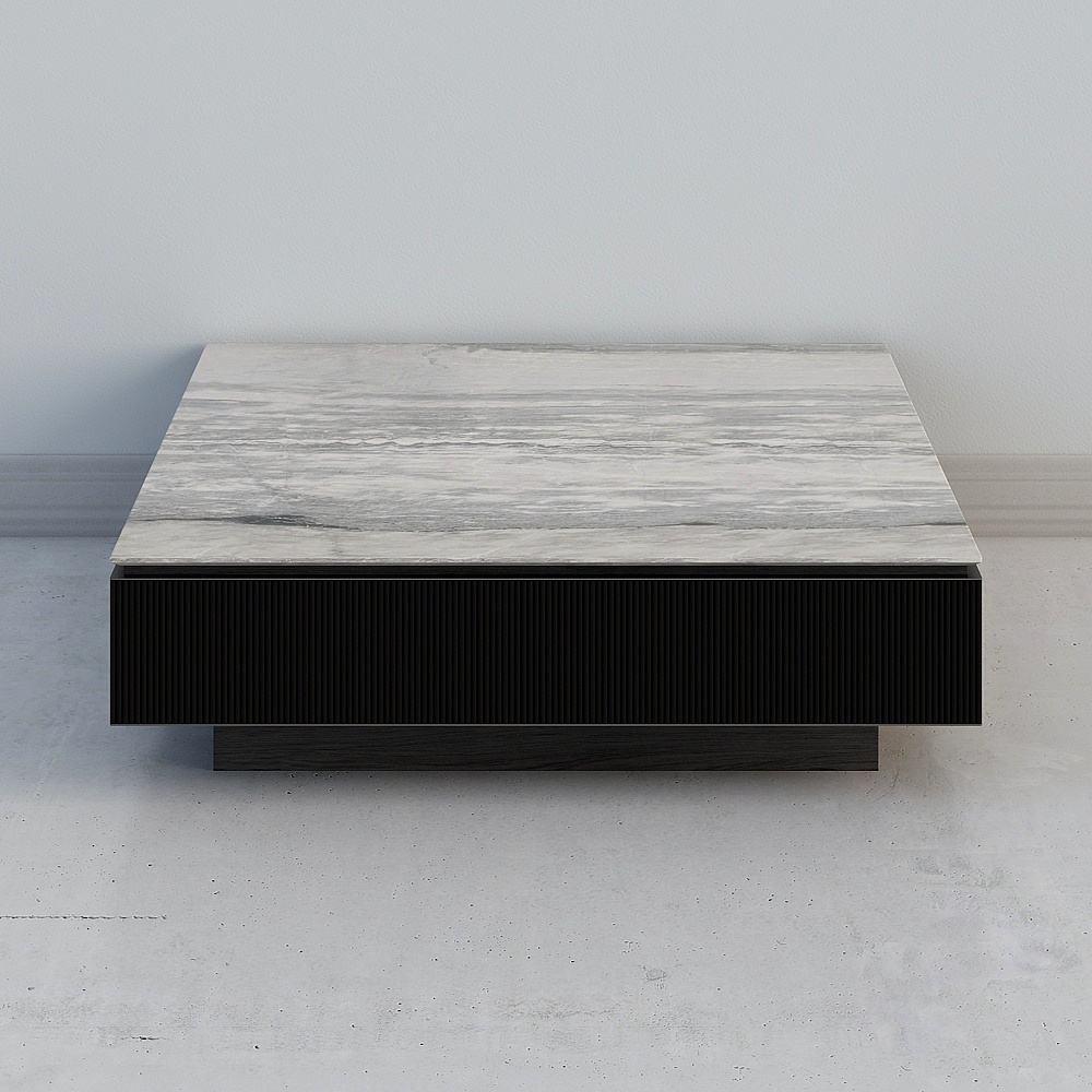 Modern square coffee table with grey marble top and black wood base on white background
