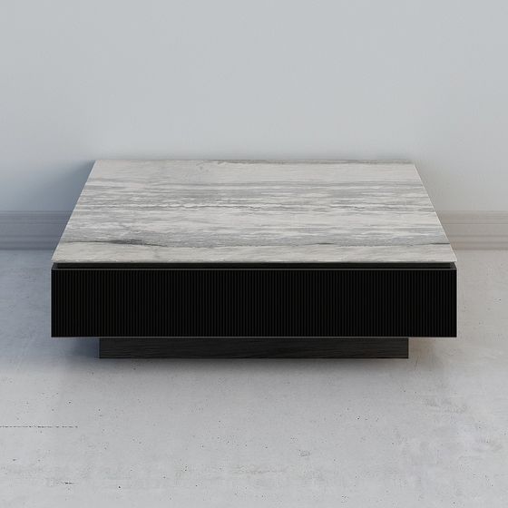 Modern square coffee table with grey marble top and black wood base on white background