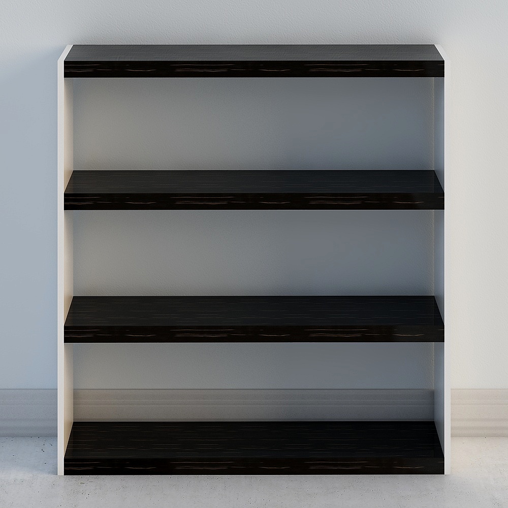 Modern black wooden bookshelf with four shelves and white frame on grey background