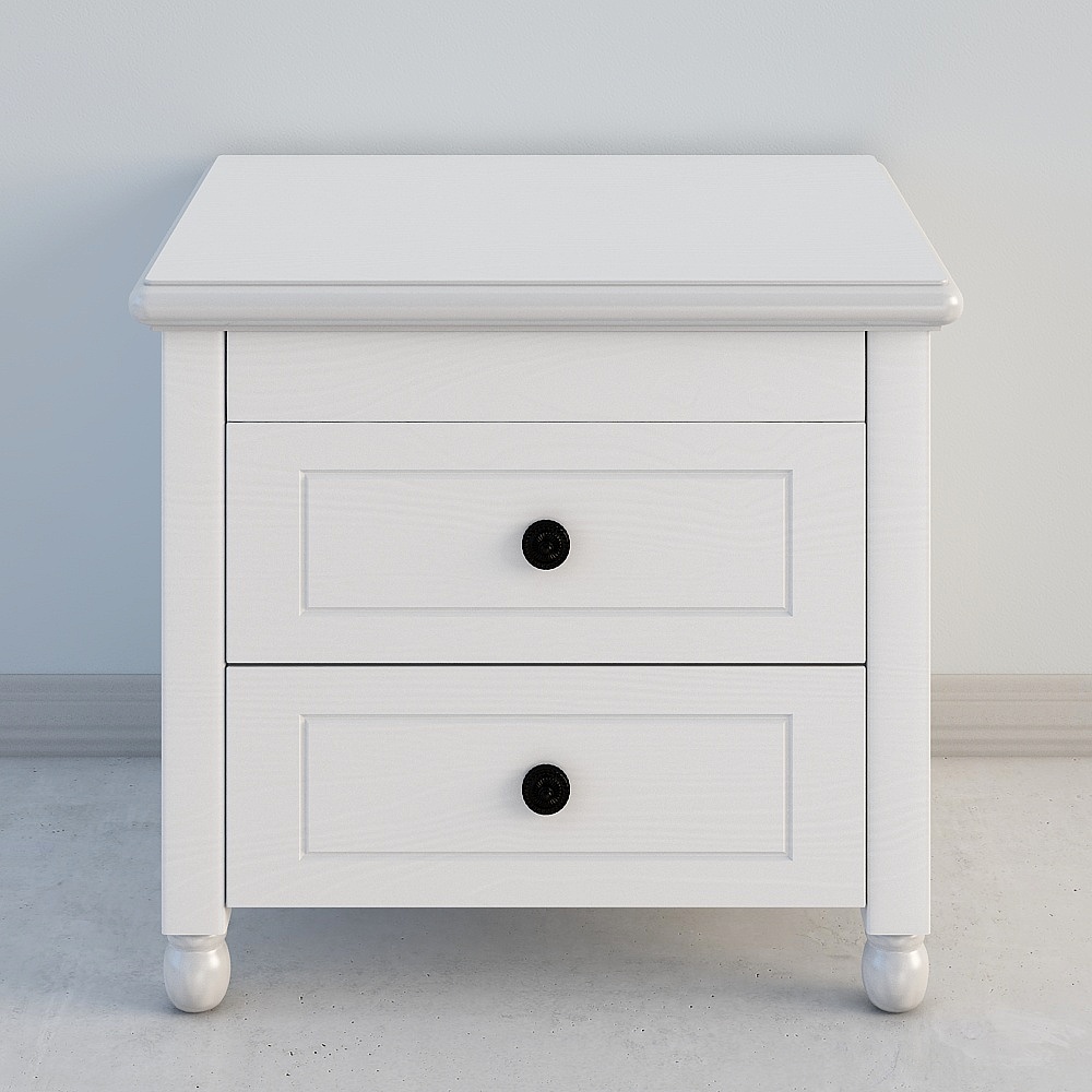 White wooden bedside cabinet with two drawers and black round knobs on grey background