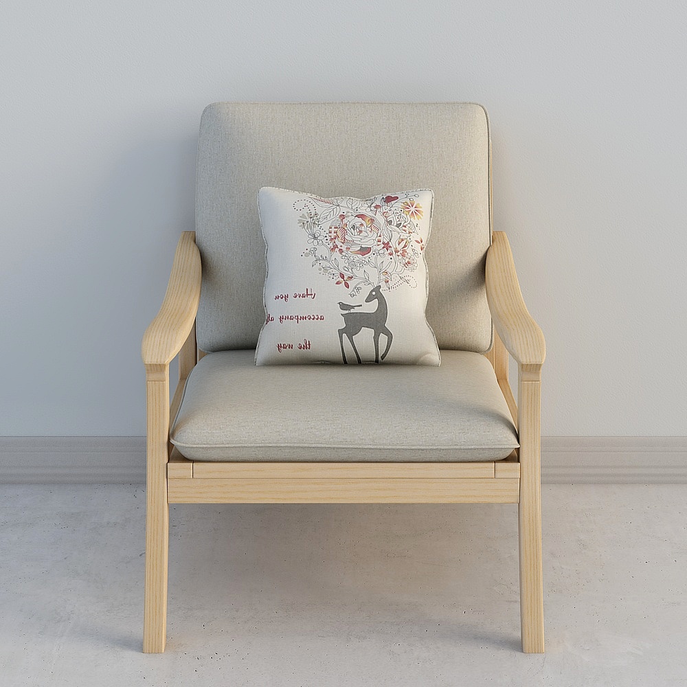 Light wood armchair with beige fabric seat and deer pillow on white background