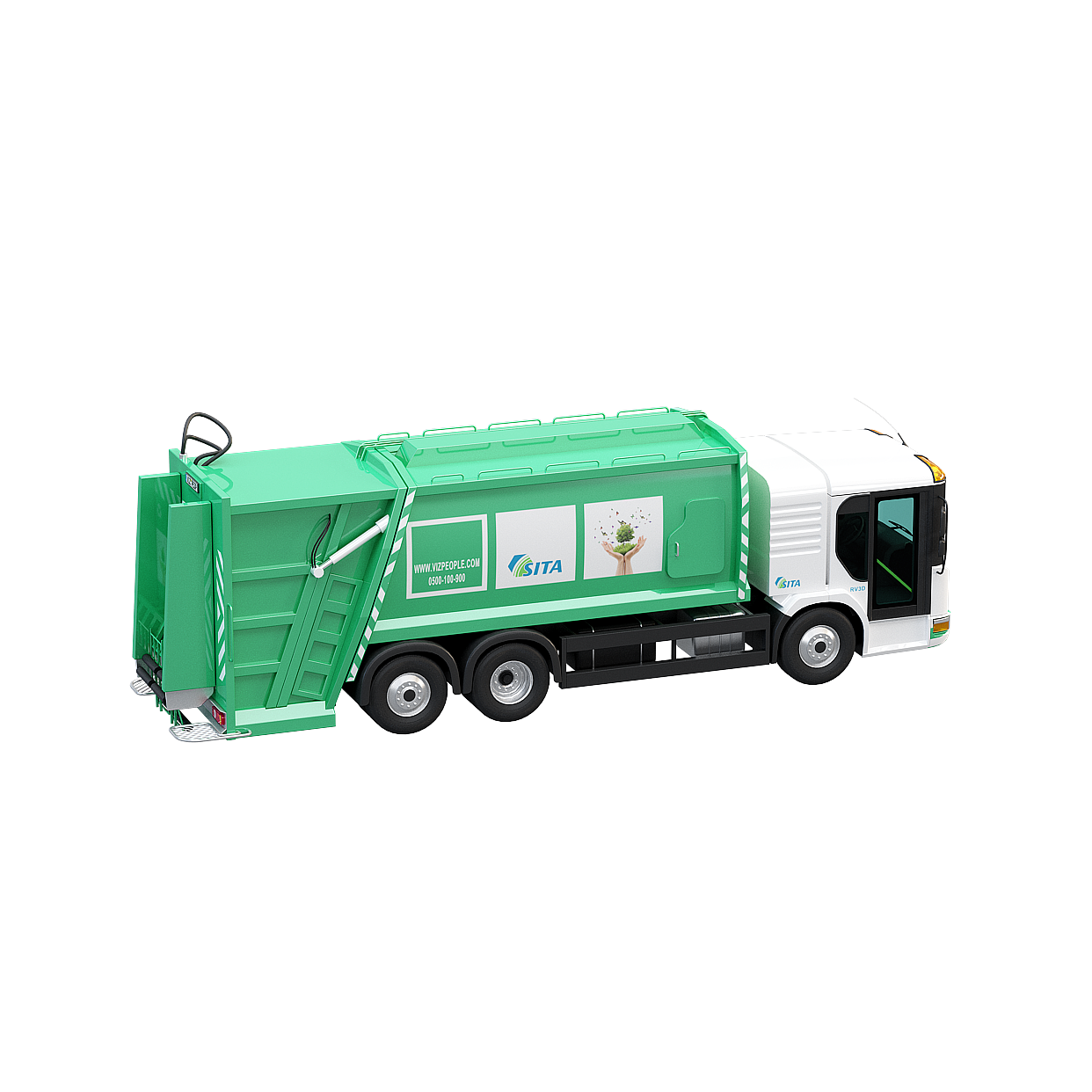 Vibrant Green Garbage Truck 3D Model – Low-Poly Urban Vehicle