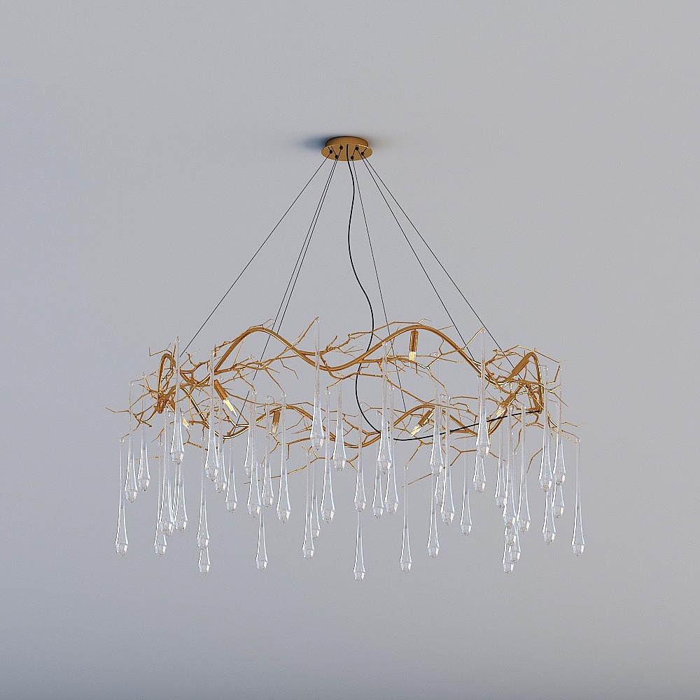 Modern gold ceiling light with clear glass drops hanging on grey background