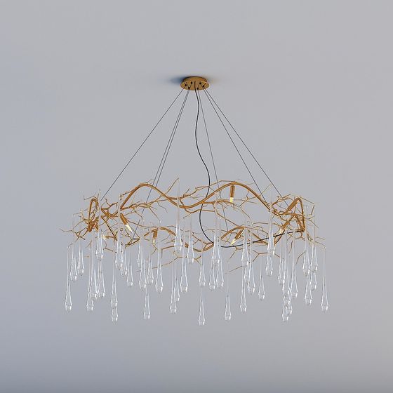 Modern gold ceiling light with clear glass drops hanging on grey background
