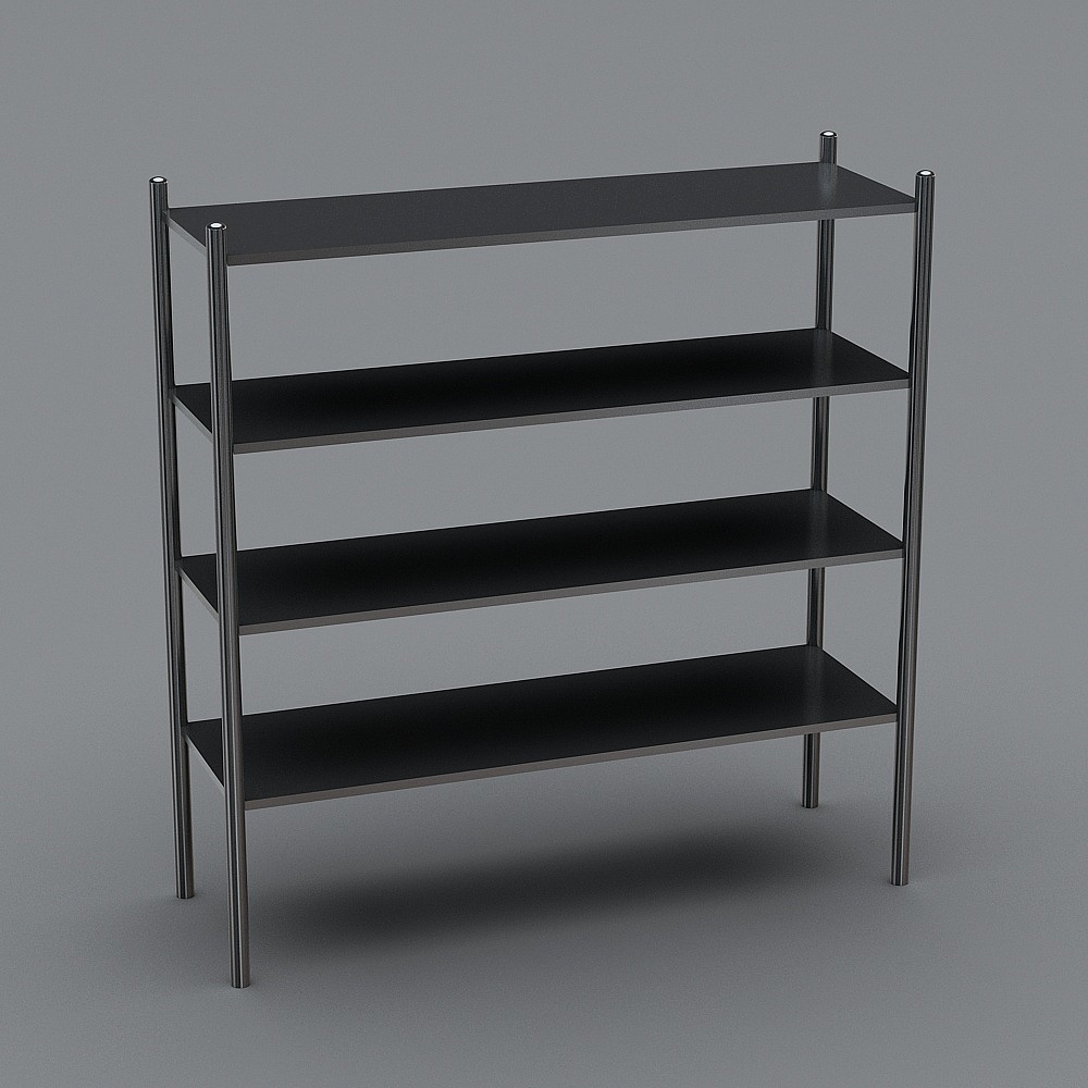 Modern black metal shelving unit with four tiers and silver legs on grey background