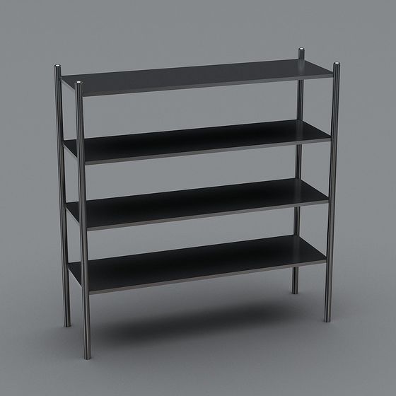 Modern black metal shelving unit with four tiers and silver legs on grey background