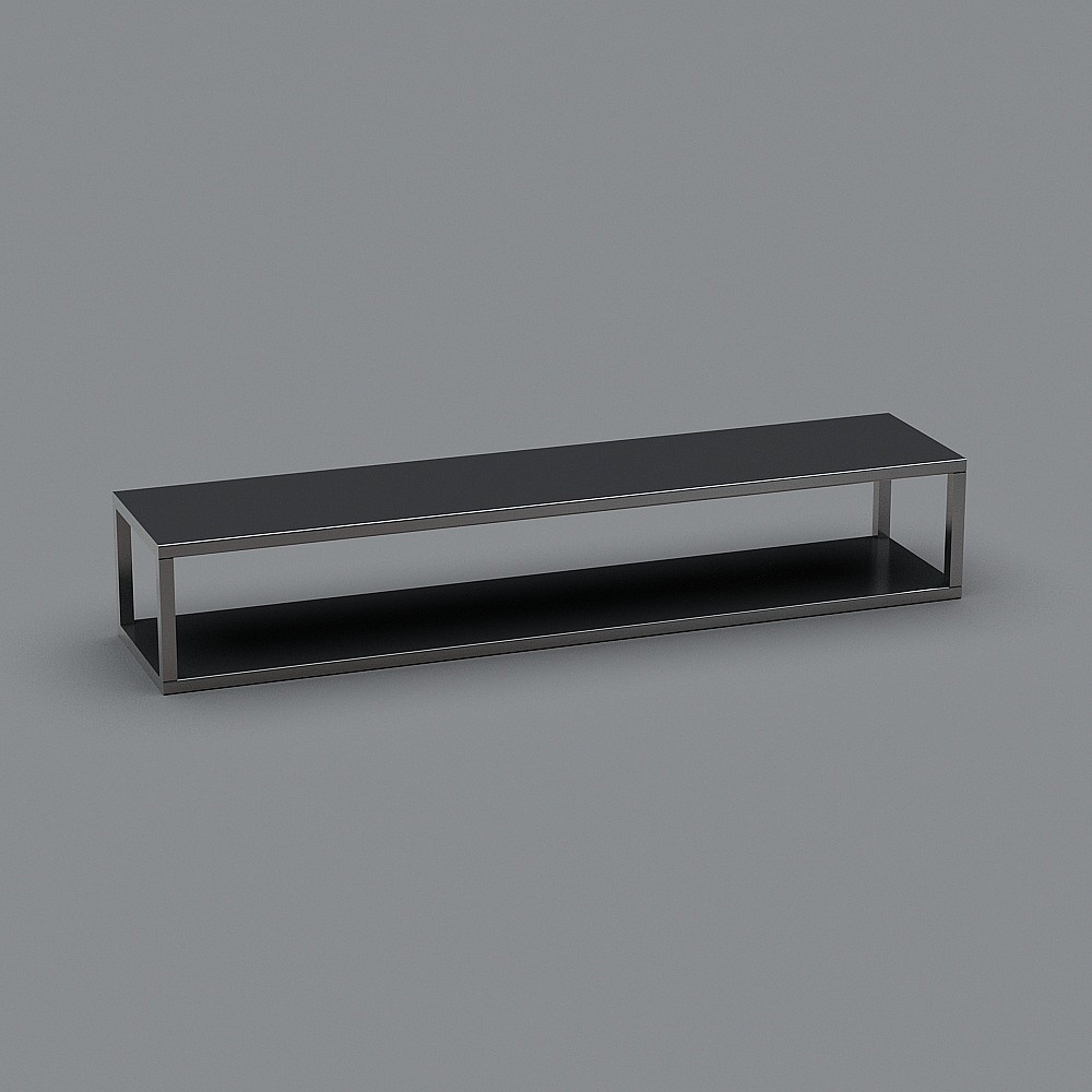 Modern black shelf with silver metal frame and open storage space on grey background