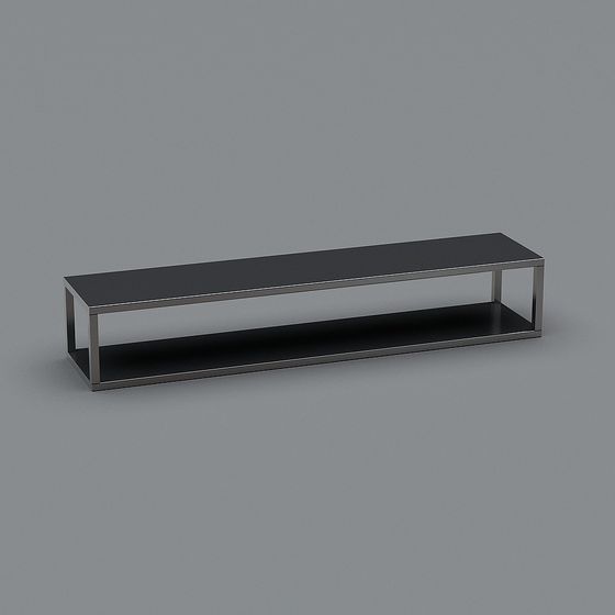 Modern black shelf with silver metal frame and open storage space on grey background