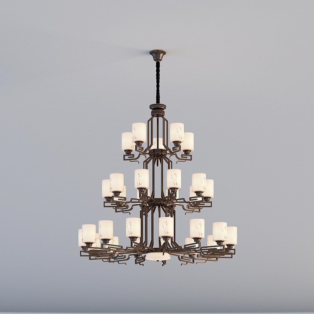 Large dark metal ceiling light with white glass shades and floral patterns on grey background