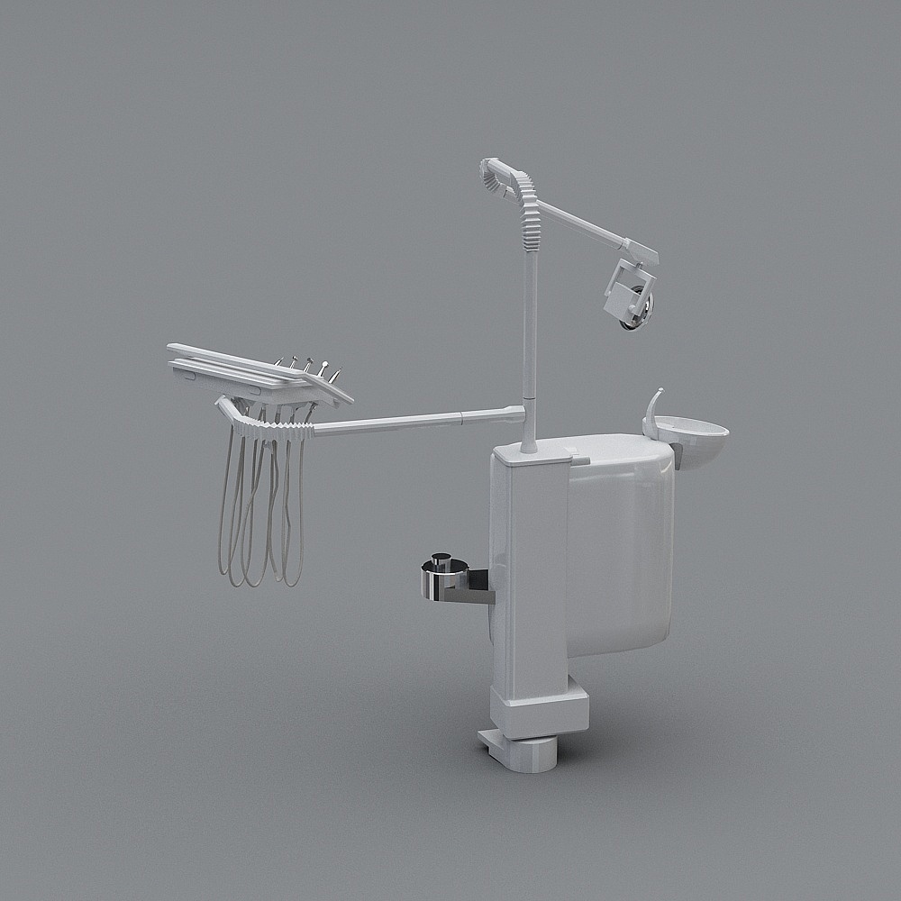 White dental chair unit with silver cup holder and light on grey background