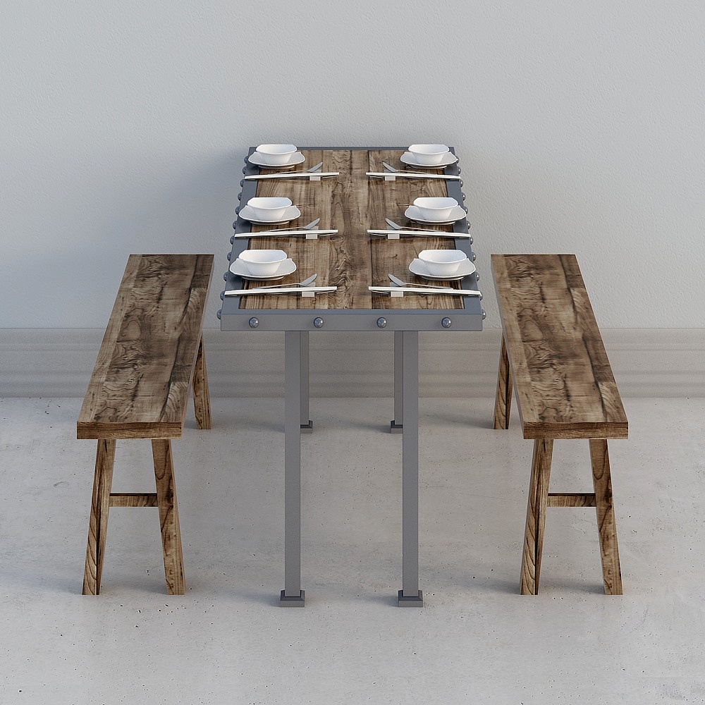 Rustic wooden dining table with grey metal frame and two matching benches on white background
