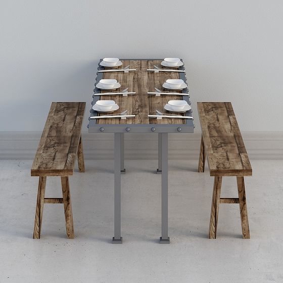 Rustic wooden dining table with grey metal frame and two matching benches on white background