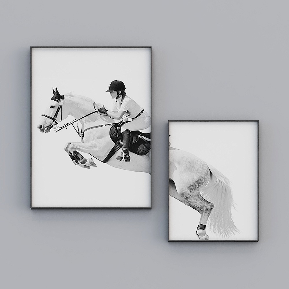 Two framed black and white horse riding prints on grey background