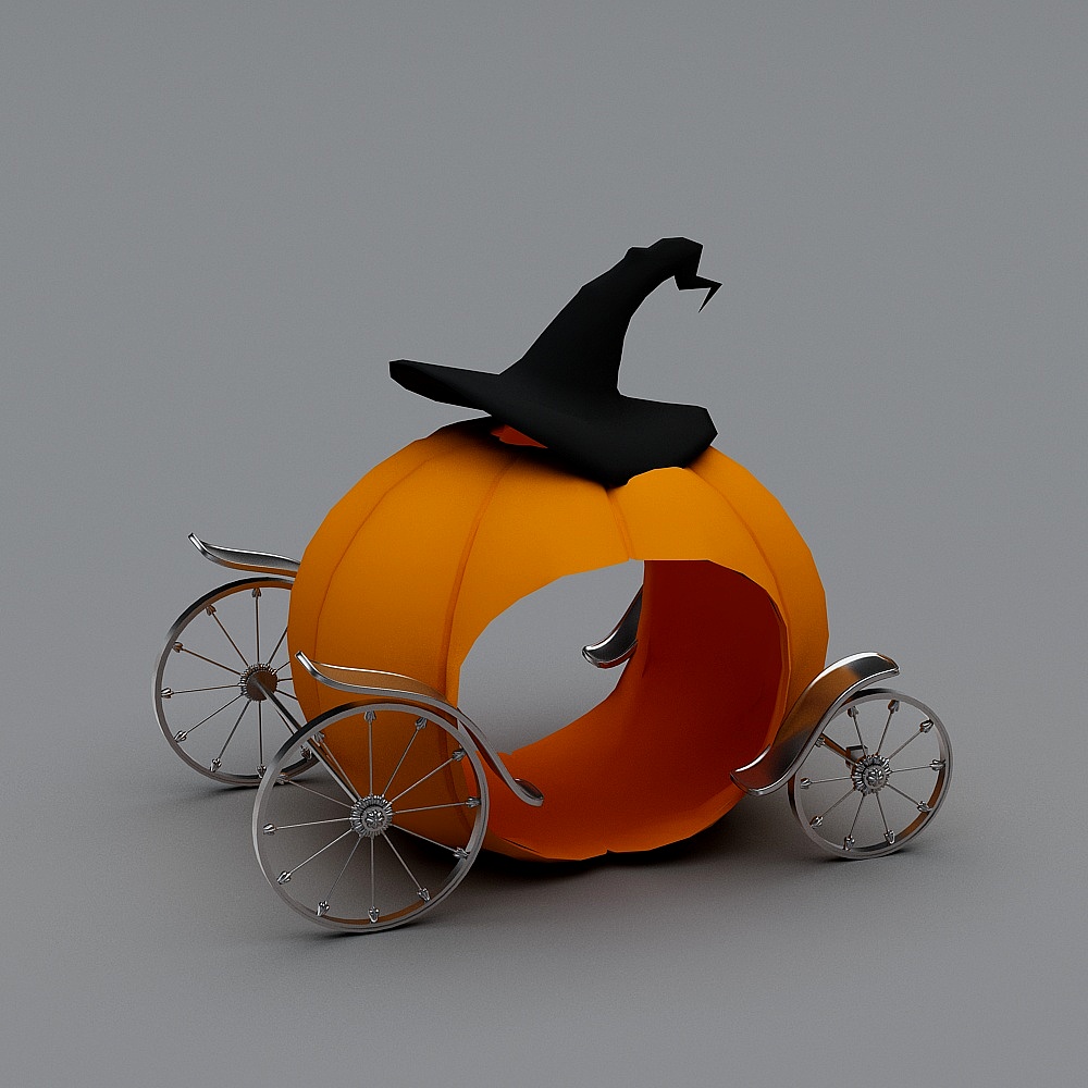 Orange pumpkin carriage with silver wheels and black witch hat on grey background
