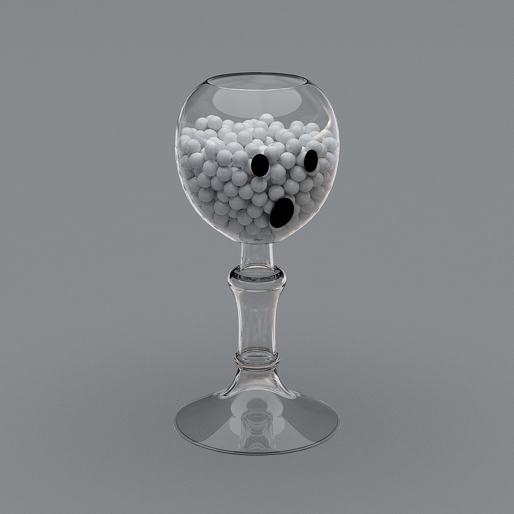 Clear glass goblet filled with white balls and black holes on grey background