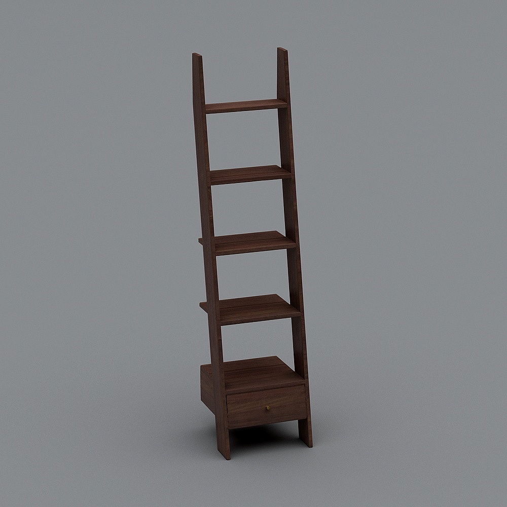 Tall dark brown wooden ladder shelf with storage box on grey background