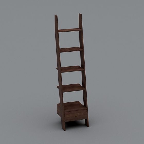 Tall dark brown wooden ladder shelf with storage box on grey background