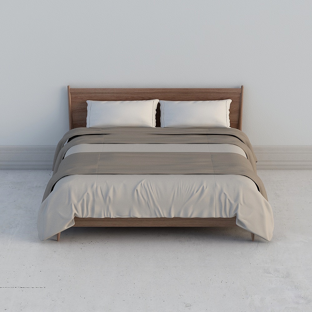 Modern wooden platform bed with beige duvet and white pillows on grey background
