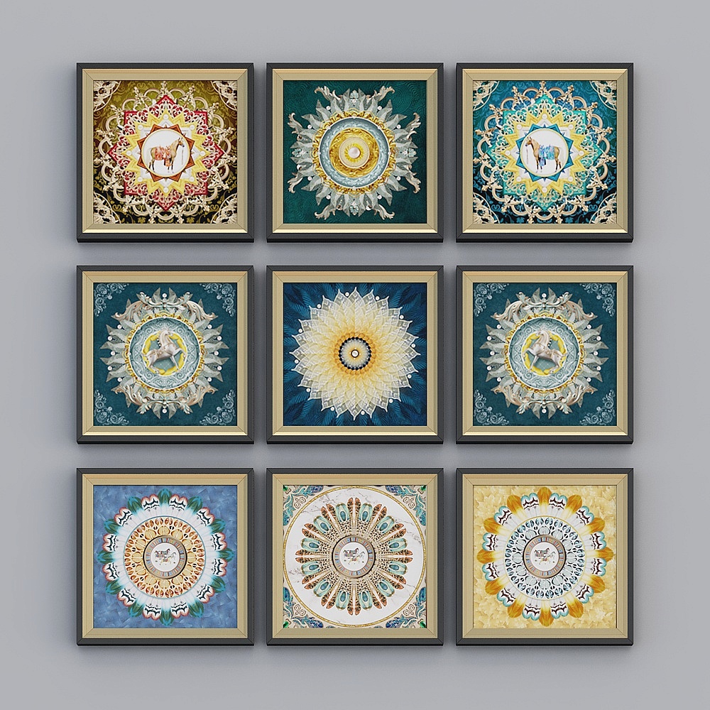 Nine framed colorful mandala wall art prints with gold details on grey background