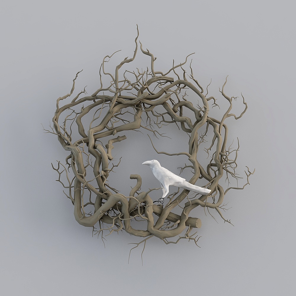 Rustic wall decor made of twisted branches with white bird on grey background