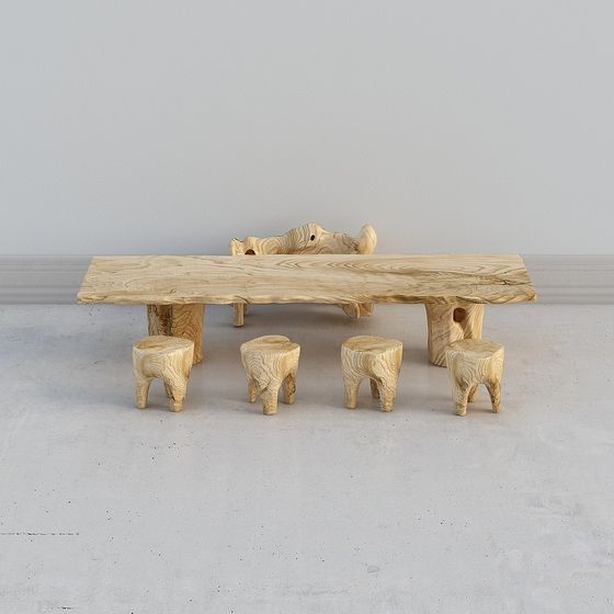 Rustic Tree Root Table and Stool Set 3D model