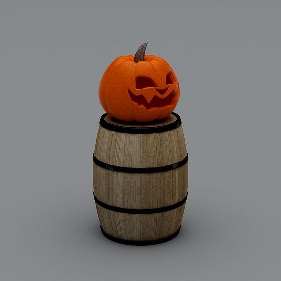Carved orange halloween pumpkin sitting on wooden barrel with black metal bands on grey background