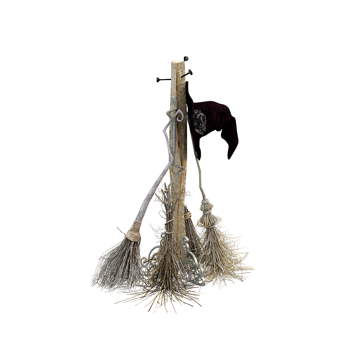 Witch's Broomstick Rack Low-Poly – Weathered Wood Model