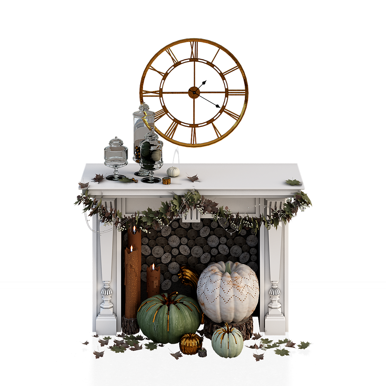 Cozy Fall Mantel 3D Model – White Finish Seasonal Decor
