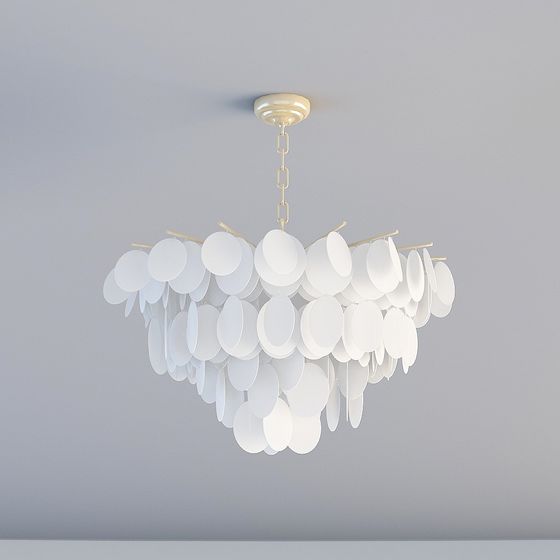 Modern white ceiling light with round discs and gold chain on grey background