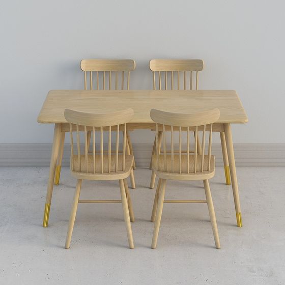 Vintage Modern Wooden Dining Table and Chair Set 3D model