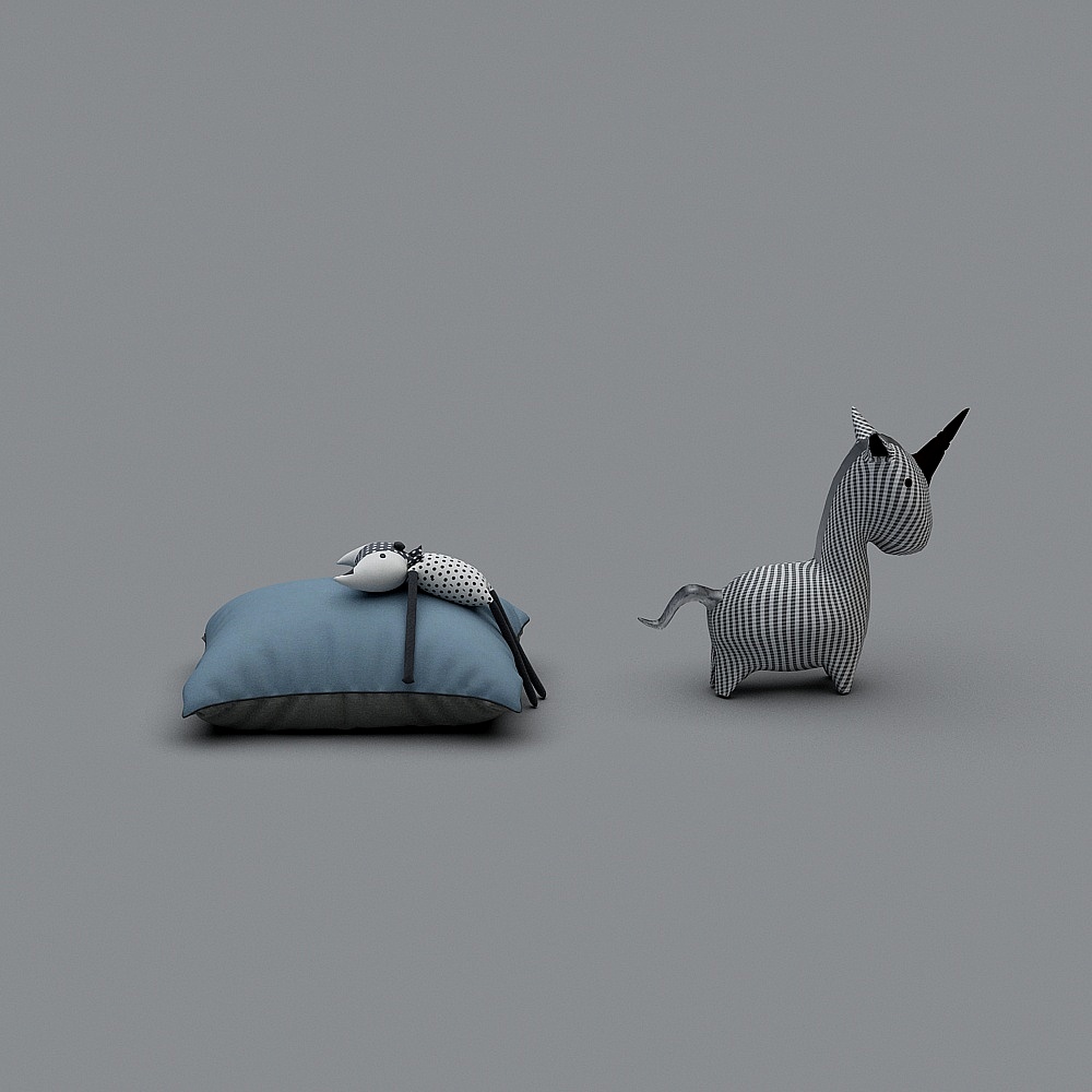 Blue cushion with dog toy and checkered unicorn on grey background