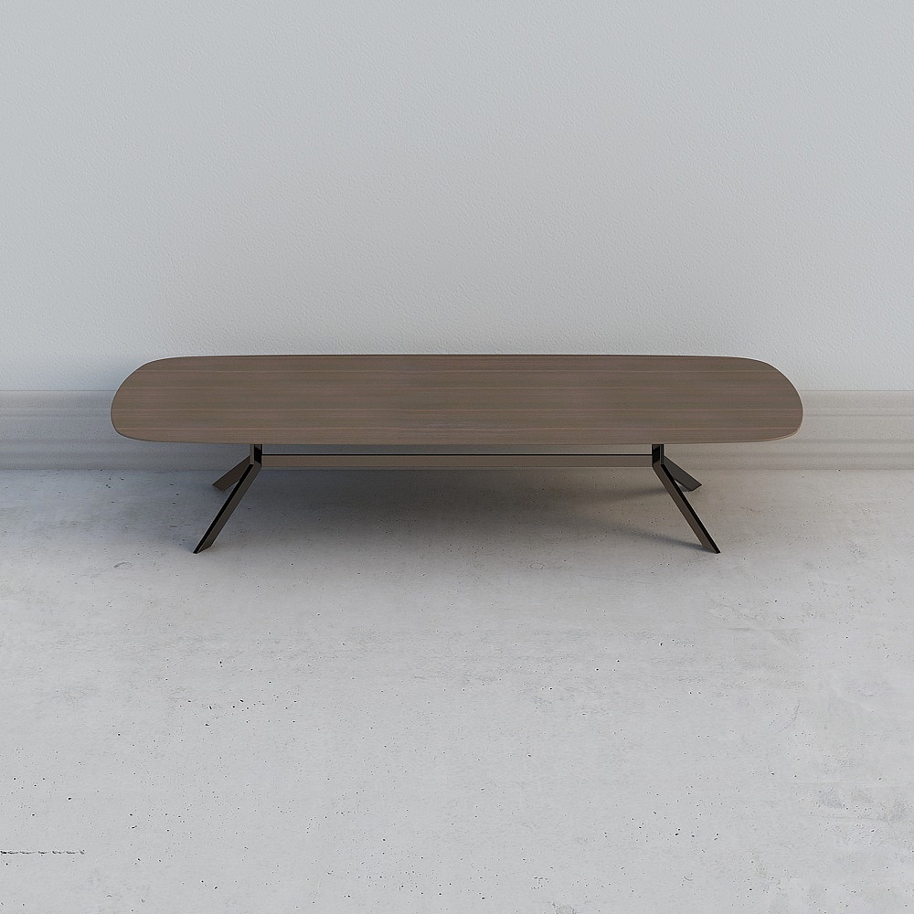 Modern oval coffee table with brown wood surface and black metal legs on white background