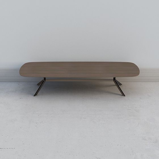 Modern oval coffee table with brown wood surface and black metal legs on white background