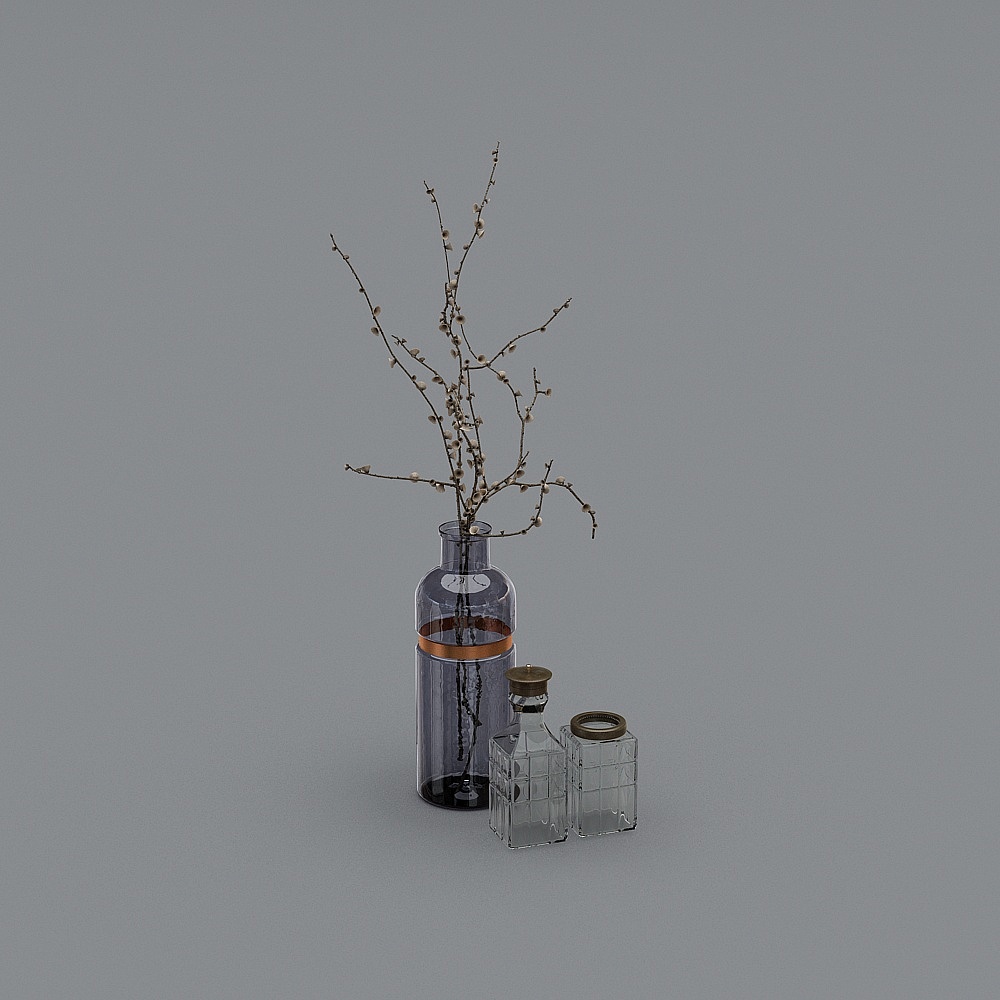 Blue glass vase with copper ring and dried branches on grey background