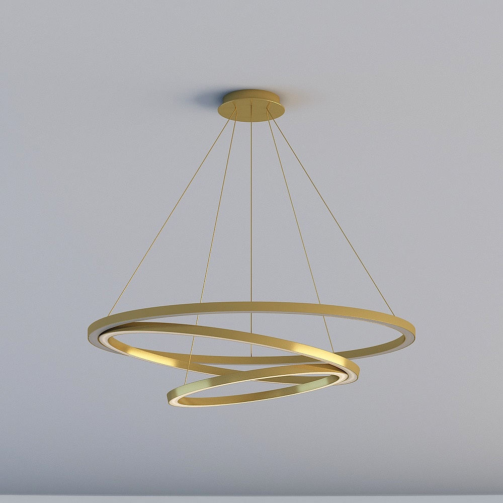Modern gold metal ceiling light with three interlocking rings on grey background