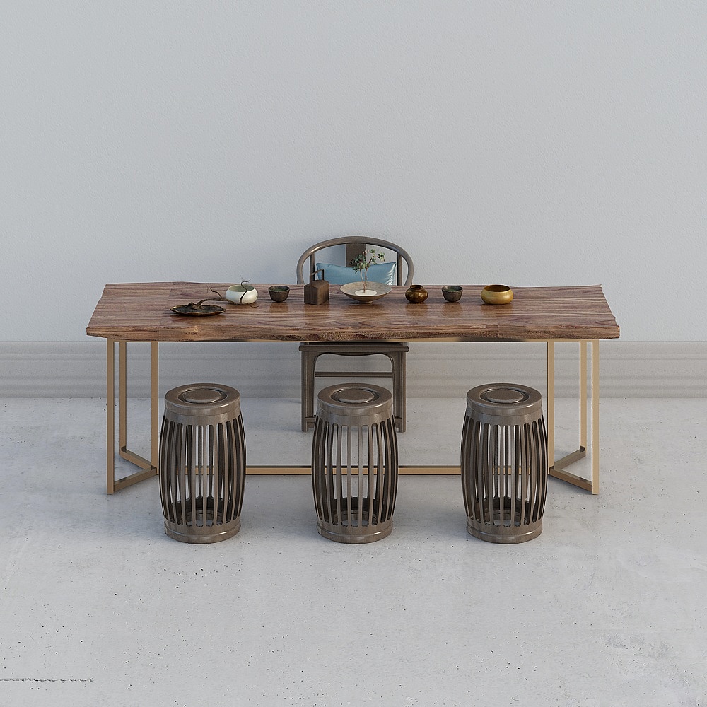 Modern wooden tea table with gold metal legs and three stools on grey background