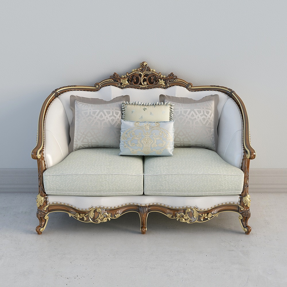 Classic two seat sofa with gold wood frame and light green cushions on grey background