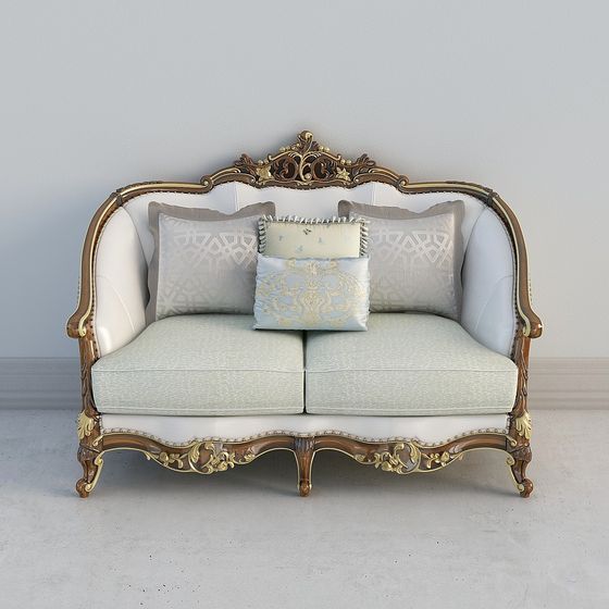 Classic two seat sofa with gold wood frame and light green cushions on grey background