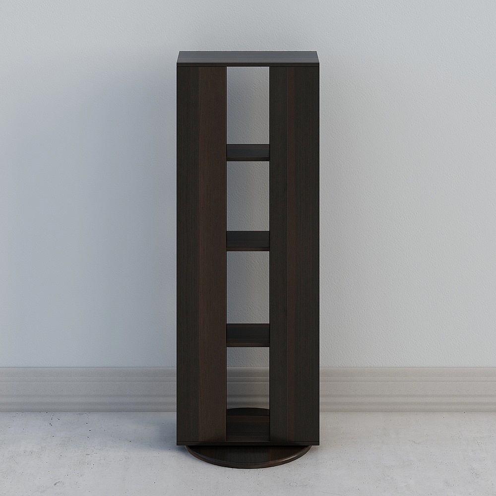 Tall dark brown wooden bookshelf with open shelves and round base on white background