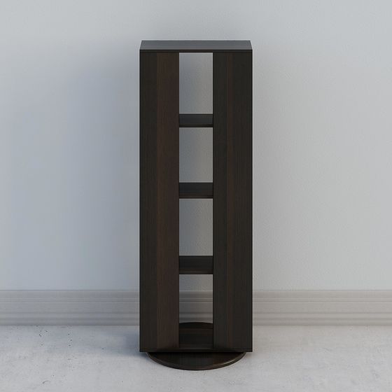 Tall dark brown wooden bookshelf with open shelves and round base on white background