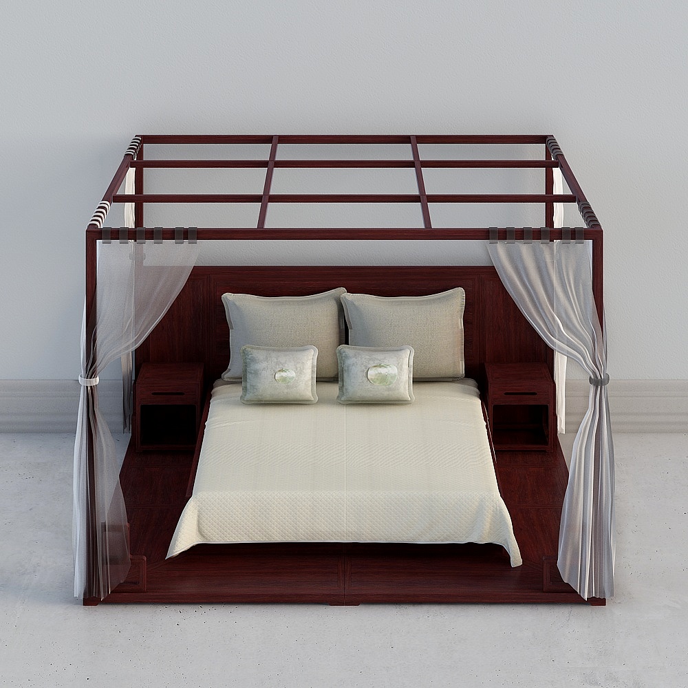 Elegant Chinese Four-Post Bed 3D model