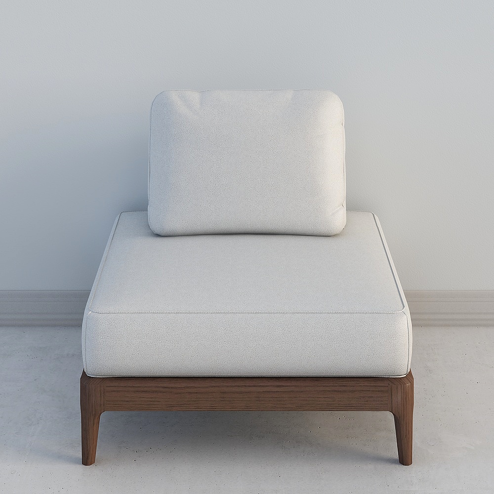 Modern white fabric sofa with dark wooden legs on light grey background