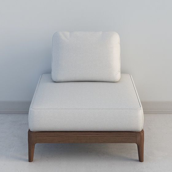 Modern white fabric sofa with dark wooden legs on light grey background