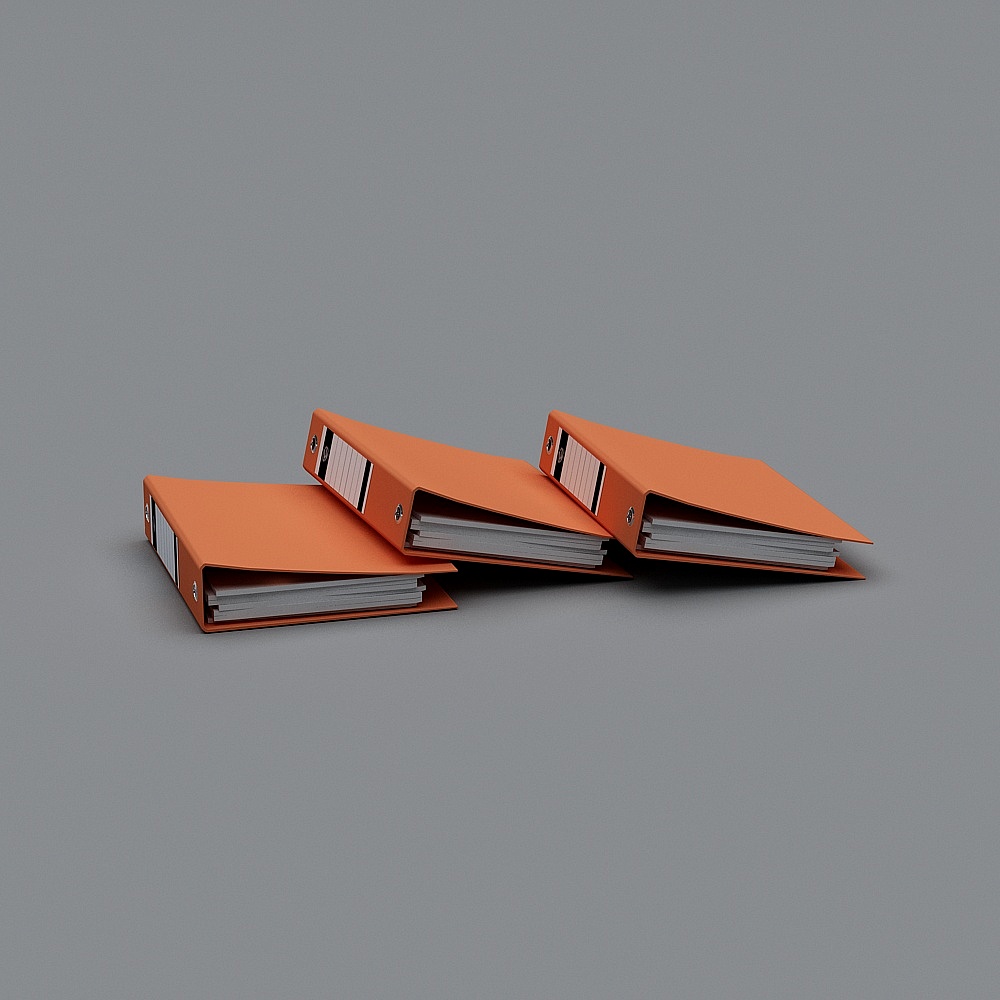 Three orange plastic ring binders with white paper on grey background