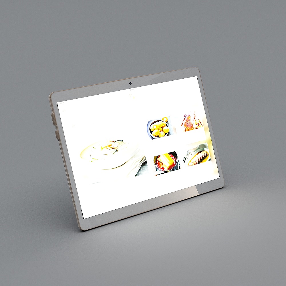 Silver tablet computer displaying food images on grey background